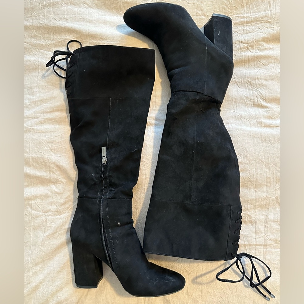 Faux suede heels boots with back lace detail